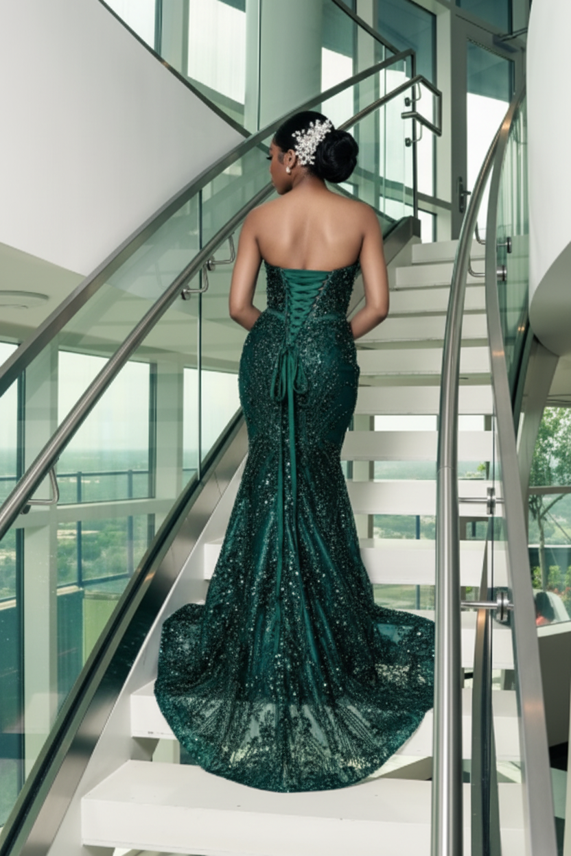 Dark Green One Shoulder Mermaid Prom Dress With Sparkle Embellishments