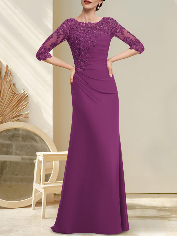Robe de mère de la mariée en mousseline et dentelle, longueur au sol, en ligne A, décolleté en U, ornée de perles et de paillettes plissées