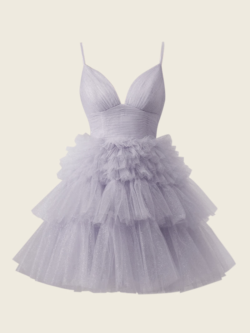 A-Line Deep V Neck Tiered Short Homecoming Dress