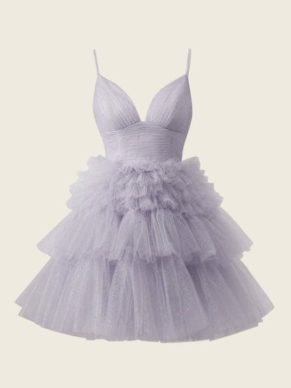 A-Line Deep V Neck Tiered Short Homecoming Dress