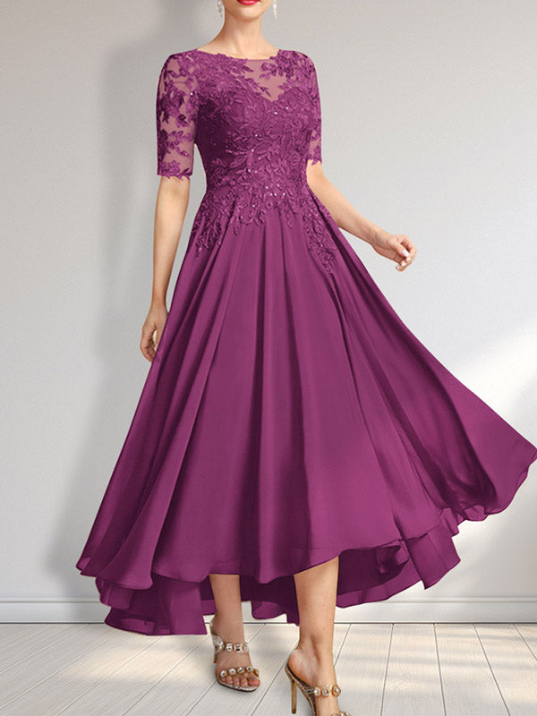Robe de mère de la mariée en mousseline et dentelle asymétrique illusion à encolure dégagée, coupe en A, ornée de paillettes