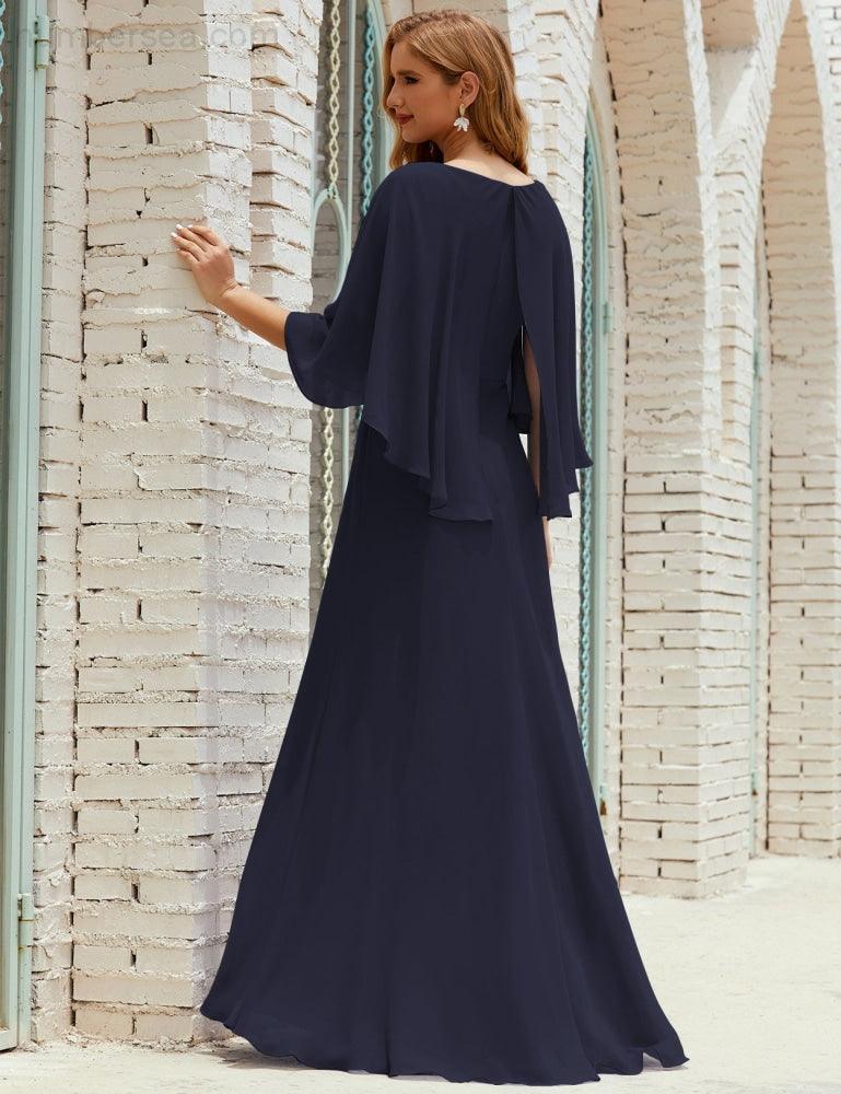 Abito da Damigella Donna Manica Lunga Scollatura a V Chiffon Abito da Cerimonia Matrimonio Festa 28018