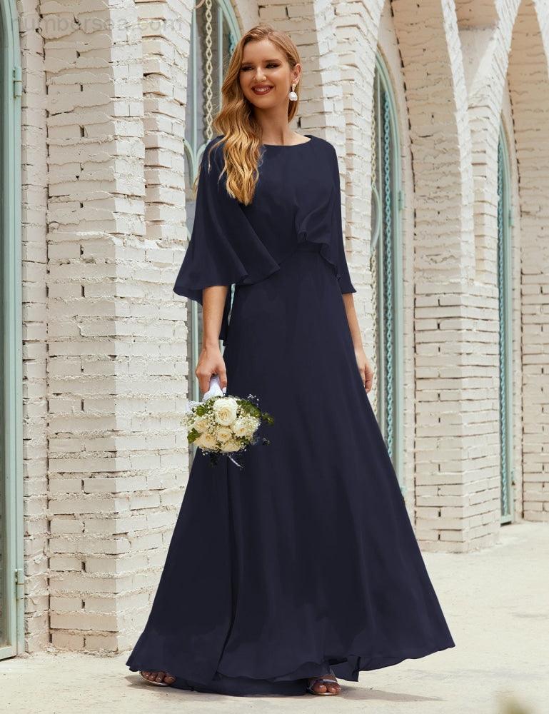 Abito da Damigella Donna Manica Lunga Scollatura a V Chiffon Abito da Cerimonia Matrimonio Festa 28018