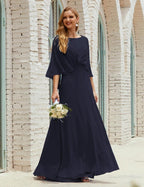 Abito da Damigella Donna Manica Lunga Scollatura a V Chiffon Abito da Cerimonia Matrimonio Festa 28018