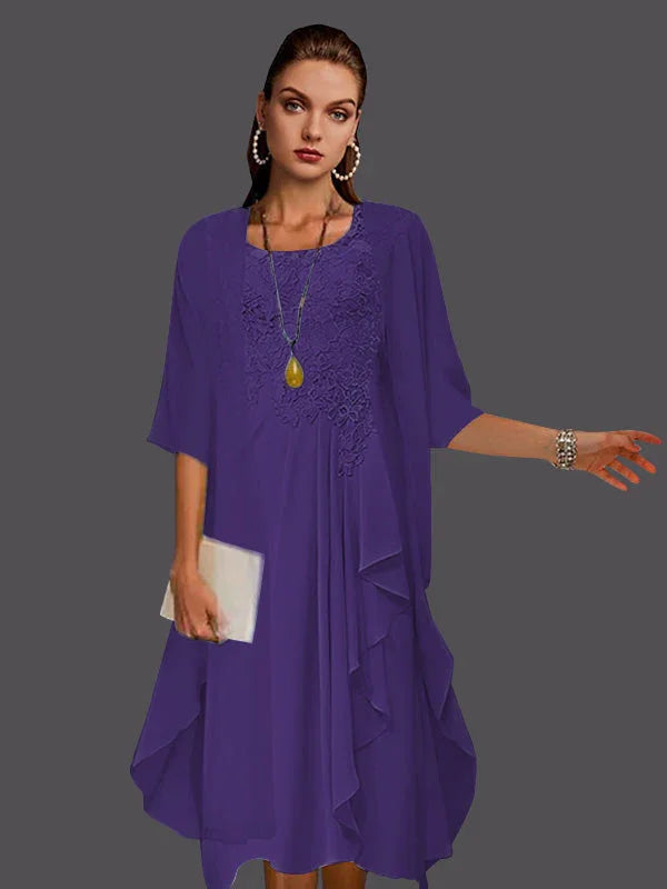 Vestidos de dos piezas con chaqueta sin mangas de encaje de gasa en línea A con pliegues y apliques