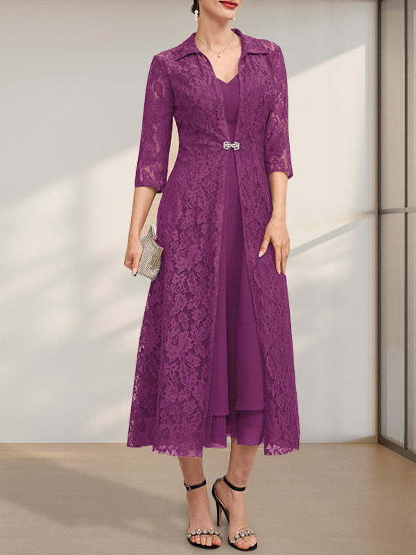 A-Linie V-Ausschnitt Wadenlanges Chiffonkleid für die Brautmutter