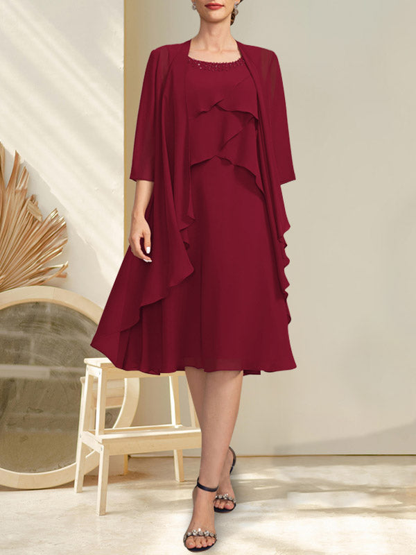 Robe de mère de la mariée en mousseline, longueur genou, en ligne A, décolleté arrondi avec perles