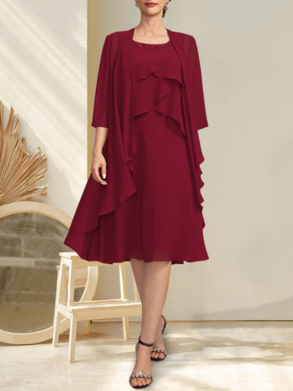 A-Linie U-Ausschnitt Knielang Chiffon Kleid für die Brautmutter mit Perlenbesatz