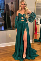 Ana | Robe de bal bustier en ligne A vert chasseur ornée de strass avec manches