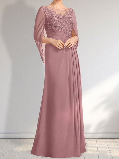 A-Linie, U-Ausschnitt, Illusion, bodenlanges Chiffon-Kleid für die Brautmutter mit plissierten Pailletten