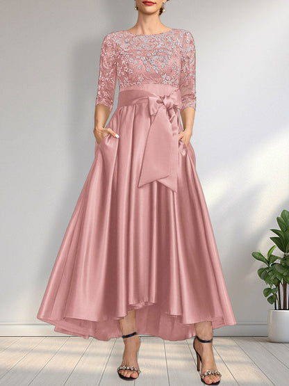 A-Linie U-Ausschnitt Illusion Asymmetrisch Satin Spitze Mutter der Braut Kleid mit Schleife