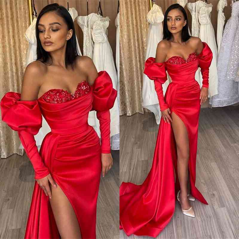 Long Mermaid Off the Shoulder Satin Front Slit Prom Gown with Bubble Sleeves