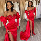 Long Mermaid Off the Shoulder Satin Front Slit Prom Gown with Bubble Sleeves