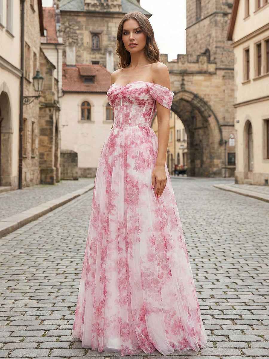 Pink Floral Off The Shoulder Corset A Line Long Prom Dress