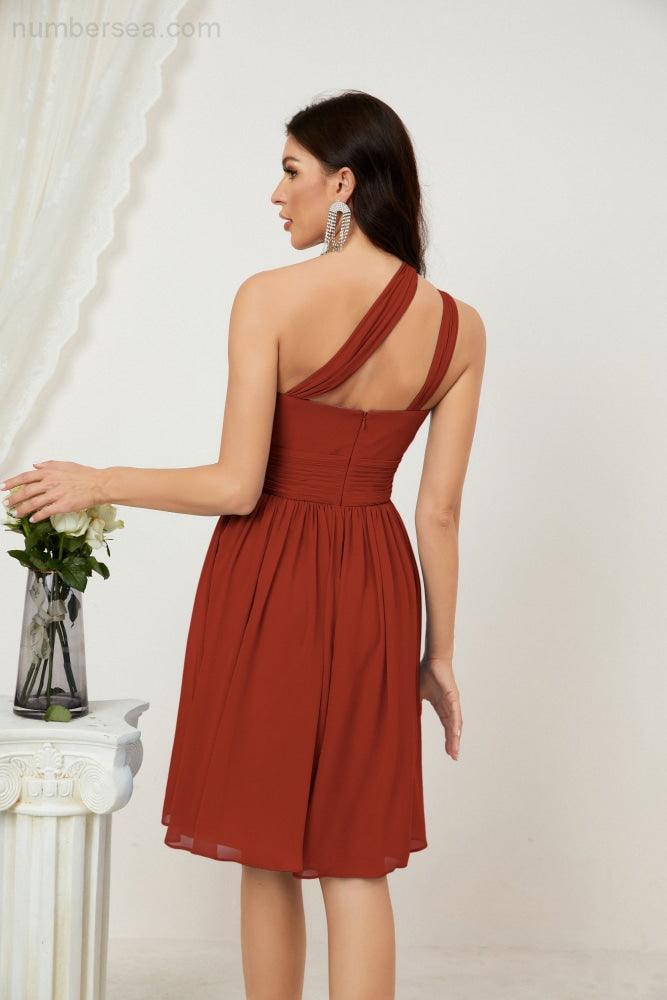 Numbersea Damen Chiffon Kurzes Ein-Schulter Brautjungfernkleid Festliche Kleider für Feier Heimkehr 2804