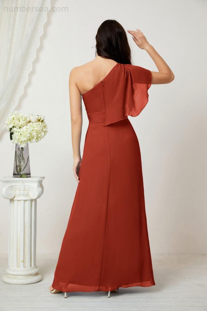 Abito da Sera Formale A-line con Spalla Singola e Balze in Chiffon, Spacco Laterale, per Damigelle, Modello 2809