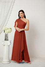 Abito da Sera Formale A-line con Spalla Singola e Balze in Chiffon, Spacco Laterale, per Damigelle, Modello 2809