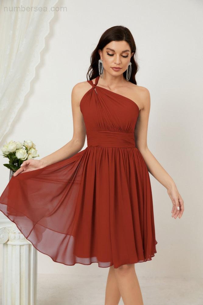 Numbersea Damen Chiffon Kurzes Ein-Schulter Brautjungfernkleid Festliche Kleider für Feier Heimkehr 2804