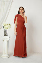 Abito da Sera Formale A-line con Spalla Singola e Balze in Chiffon, Spacco Laterale, per Damigelle, Modello 2809