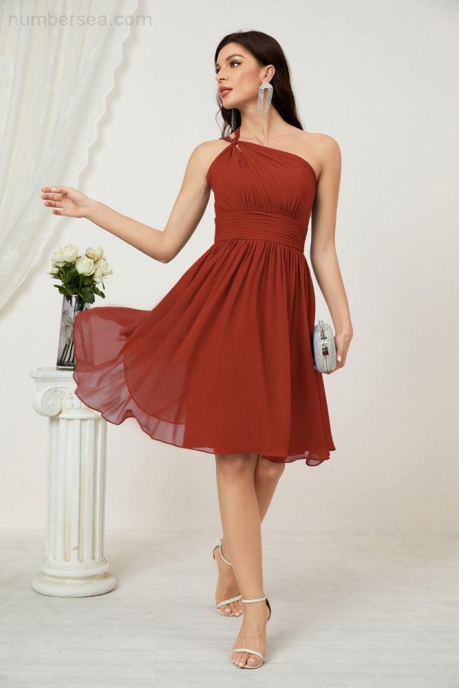 Numbersea Damen Chiffon Kurzes Ein-Schulter Brautjungfernkleid Festliche Kleider für Feier Heimkehr 2804
