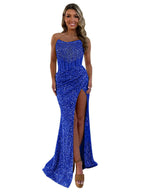 Champagne Strapless Mermaid Prom Dress With Slit And Sparkling Embellishments