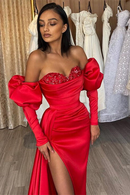 Long Mermaid Off the Shoulder Satin Front Slit Prom Gown with Bubble Sleeves