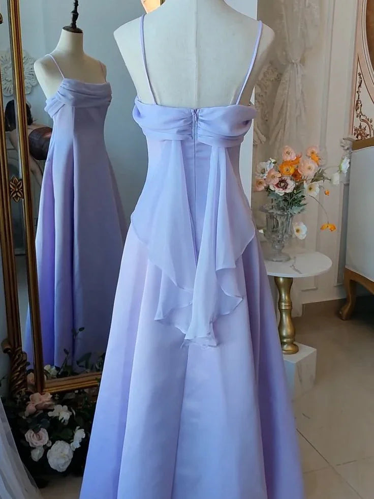 Abito da sera elegante viola con spalline sottili, vestito da fata formale per festa, abito da sera Y7554