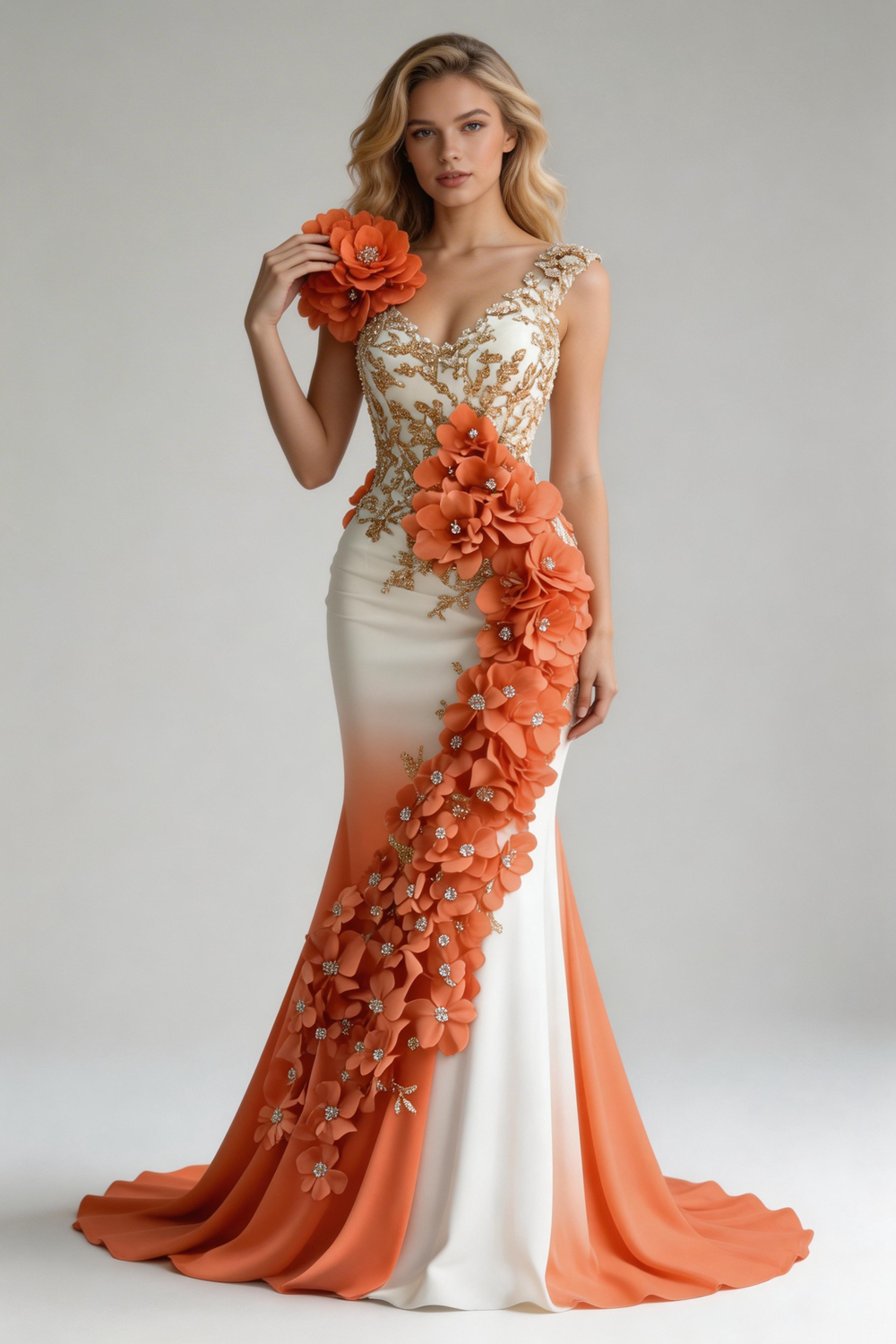 Abito da sera elegante a sirena in chiffon con applicazioni di peonie