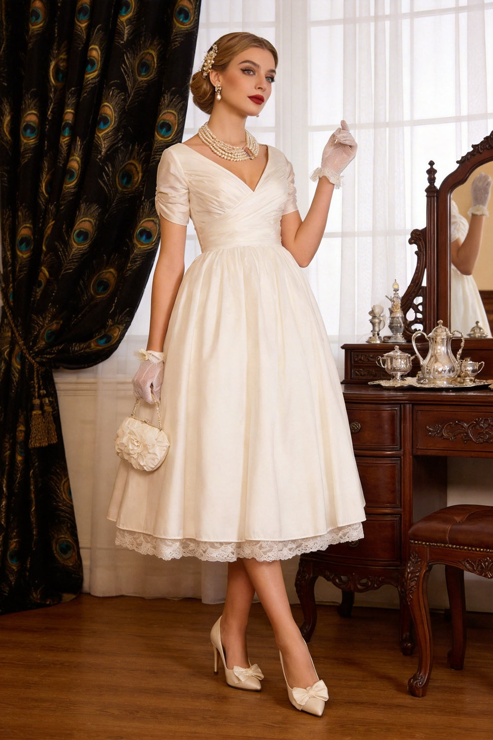 1950s Short A Line V Neck Wedding Dress With Sleeves – YOYOCAMP