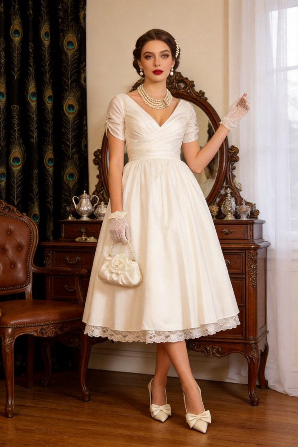 1950s vintage short A-line V-neck wedding dress with sleeves, lace and tulle, tea-length hem.