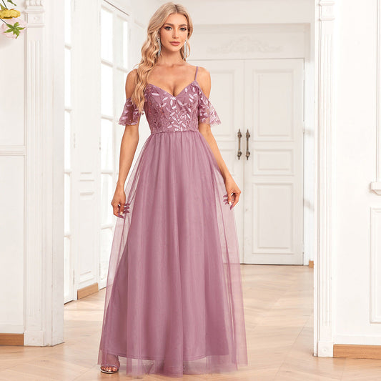 Elegantes Damen-Kleid mit schulterfreiem Trägerärmel und doppeltem V-Ausschnitt, Tüllnähten, bestickter Sequ-A-Swing-Stickerei, langes Party- und Abendkleid 