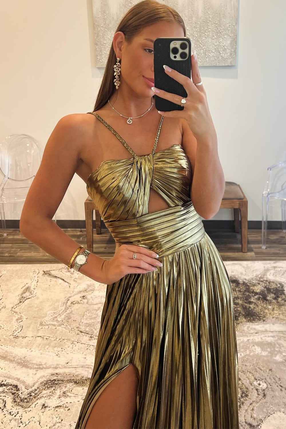 Sparkly Golden A Line Halter Prom Dress With Keyhole Slit