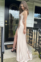 Hot Pink Spaghetti Straps Satin Mermaid Prom Dress With Slit