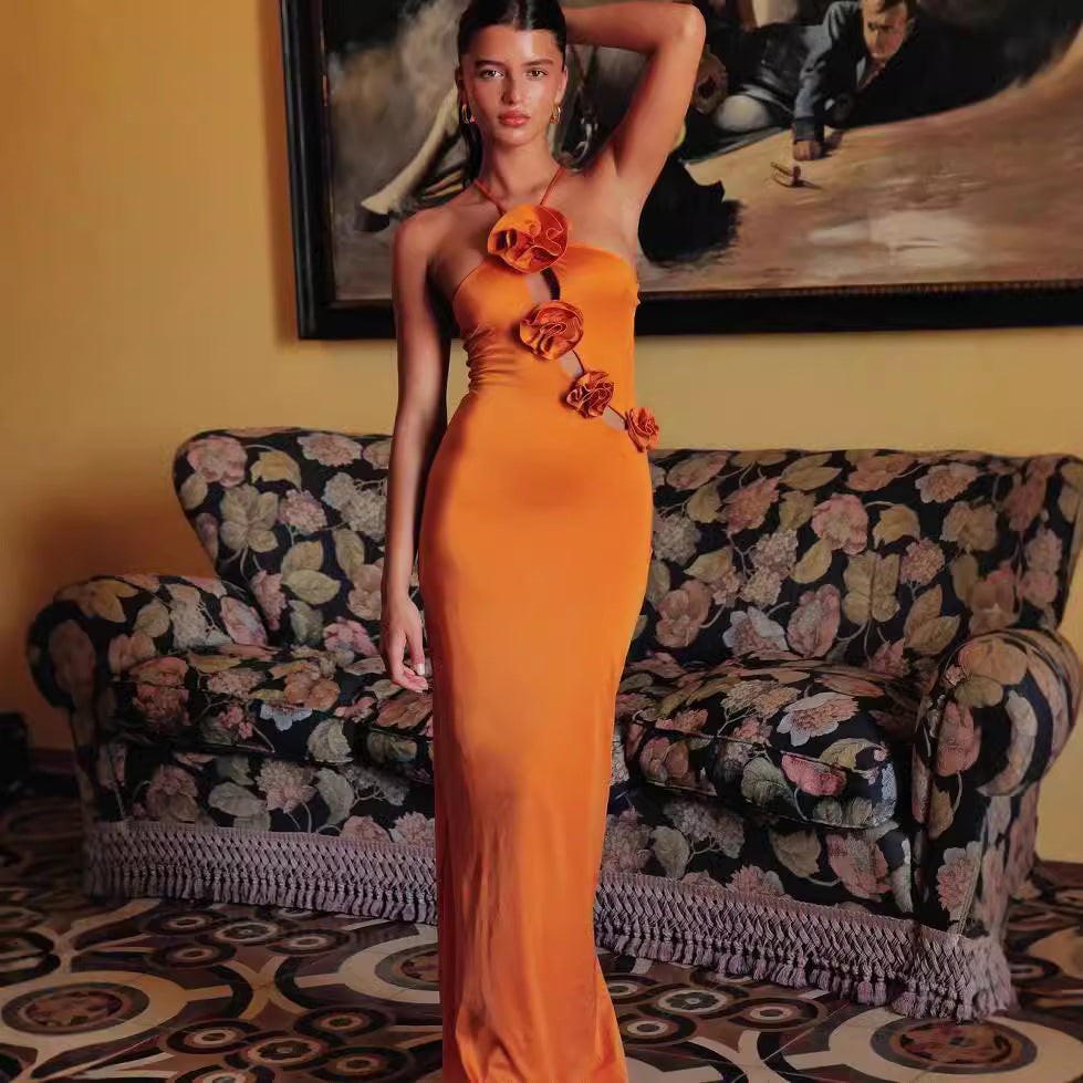 Halter Cutout Floral Slim Fit Maxi Prom Dress