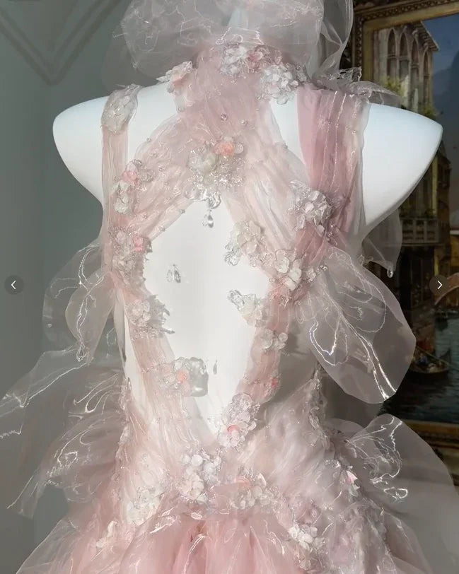 Fairy Pink Tulle Beaded Prom Dress Long Backless Evening Dress Y8564
