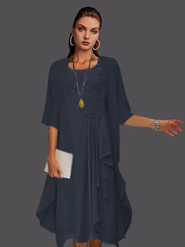 Vestidos de dos piezas con chaqueta sin mangas de encaje de gasa en línea A con pliegues y apliques