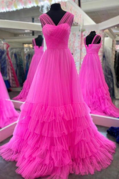 Vestido de fiesta de tul con capas y escote en V ilusión de corte A