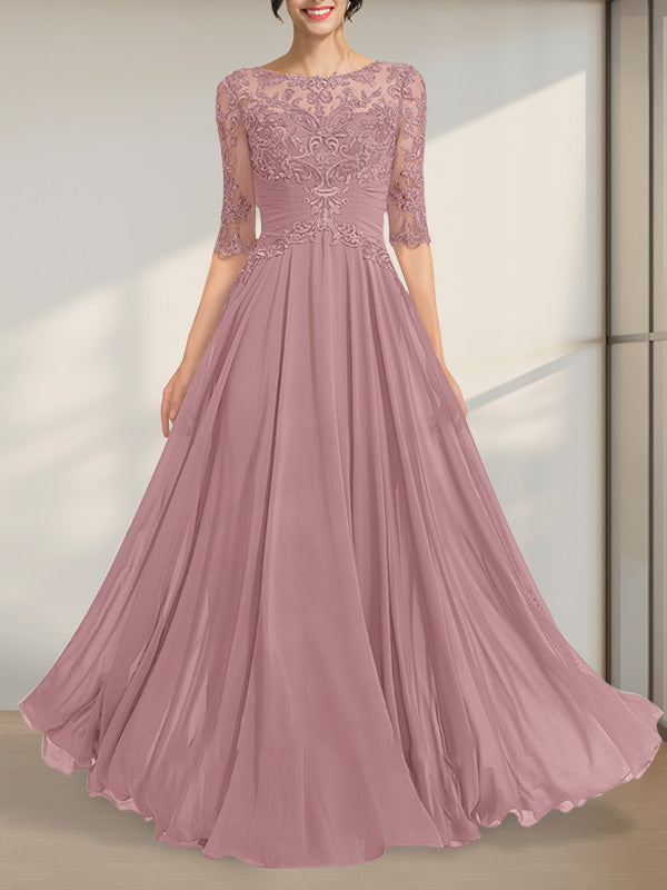 A-Linie, U-Ausschnitt, Illusion, bodenlanges Chiffon-Spitzenkleid für die Brautmutter mit plissierten Pailletten