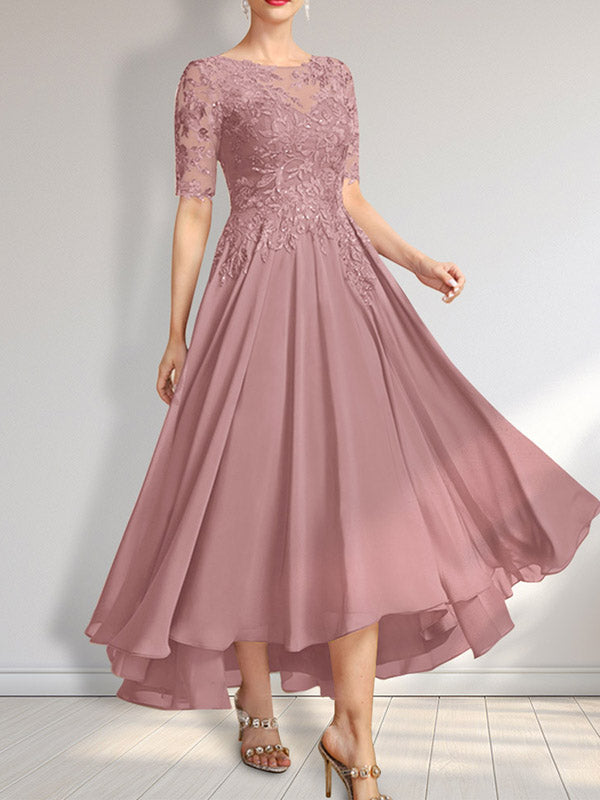 Robe de mère de la mariée en mousseline et dentelle asymétrique illusion à encolure dégagée, coupe en A, ornée de paillettes