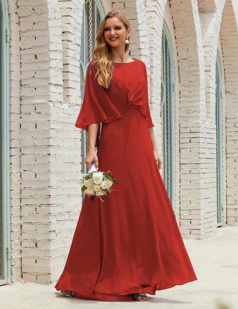 Abito da Damigella Donna Manica Lunga Scollatura a V Chiffon Abito da Cerimonia Matrimonio Festa 28018