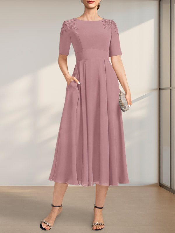 A-Linie U-Ausschnitt Wadenlang Chiffon Kleid für die Brautmutter mit Applikationen Spitze Pailletten