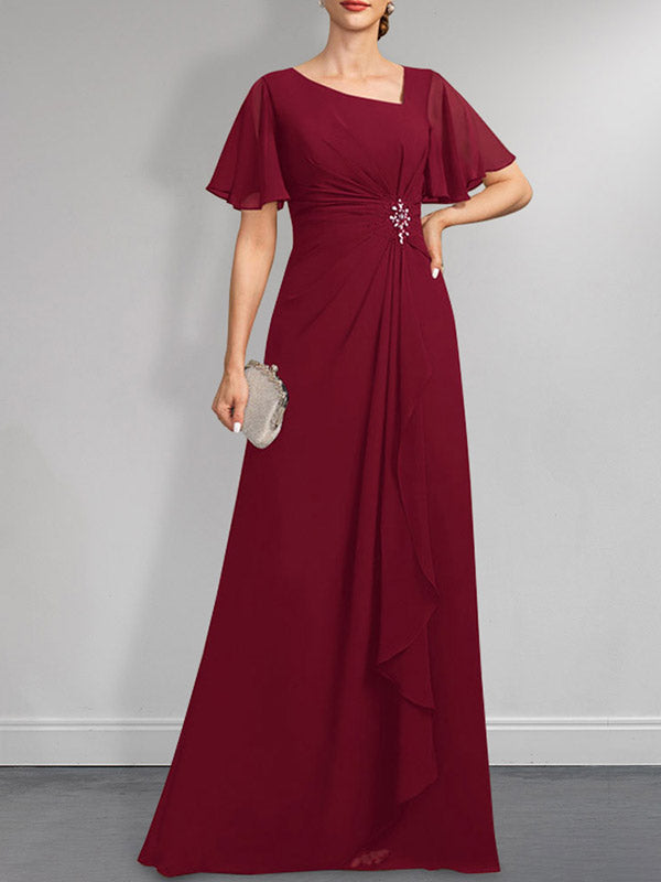 Robe de mère de la mariée en mousseline asymétrique longue jusqu'au sol, coupe en A, ornée de perles plissées et de paillettes
