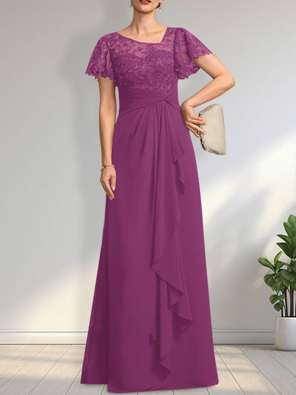 Vestido de madre de la novia de gasa con encaje, ilusión asimétrica, largo hasta el suelo, con volantes en cascada y lentejuelas. 