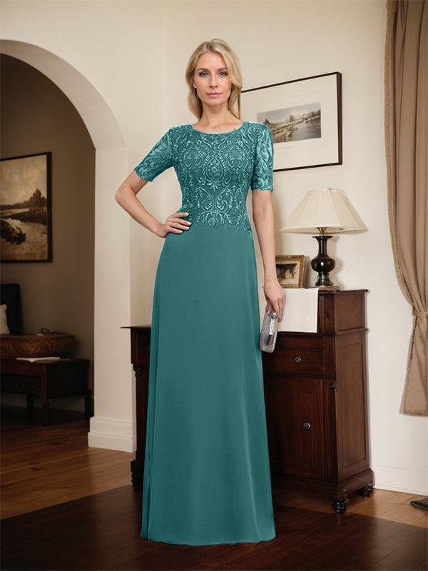 Robe de mère de la mariée en dentelle et mousseline, longueur au sol, en ligne A, décolleté en U, ornée de paillettes