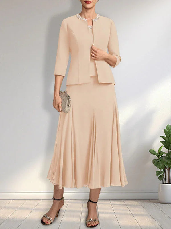 فستان أم العروس منفصل بطراز خط A، بياقة دائرية، بطول شاي، من الشيفون مع تطريز بالترتر والخرز