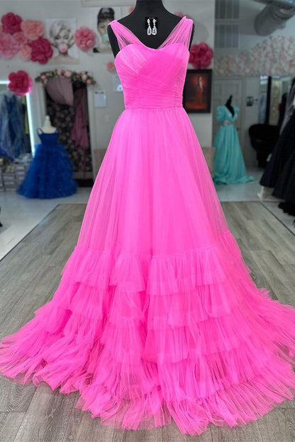 Vestido de fiesta de tul con capas y escote en V ilusión de corte A
