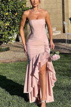 Vestido Maxi Sexy de Alças Caídas, Ajustado ao Corpo e Bainha Irregular