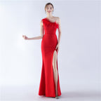 Satin Craft Order Ostrich Feather Dinner Exhibition Wedding Evening Dress