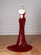 Abito da sera bordeaux con paillettes, scollo a V e allacciatura al collo, schiena scoperta, modello sirena Y8628