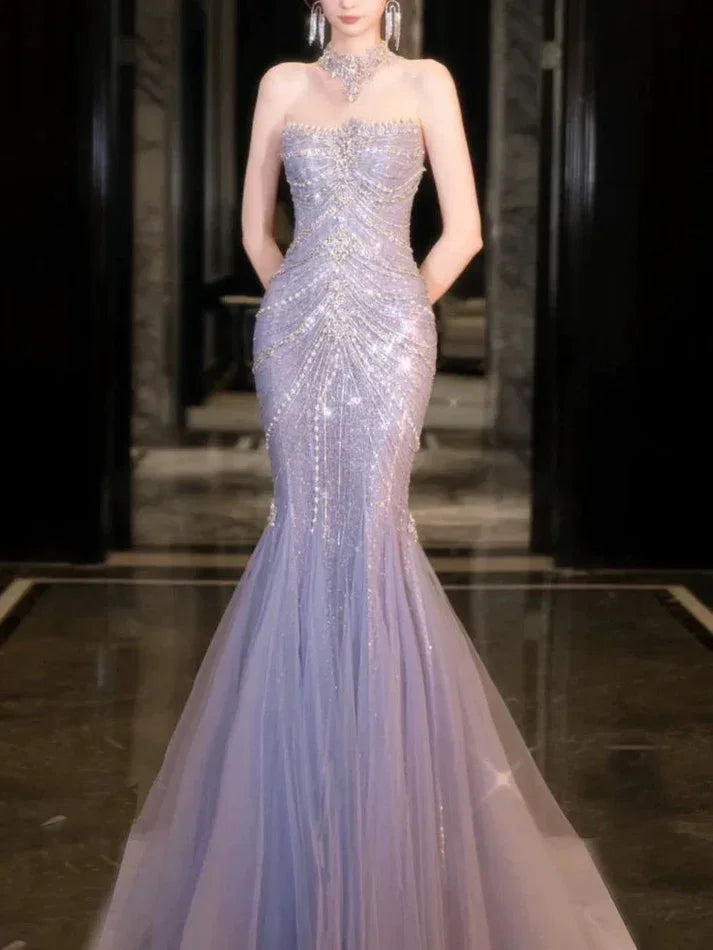 Splendido Abito da Sera a Sirena in Tulle Lilla con Perline per Matrimonio e Ballo Y8057